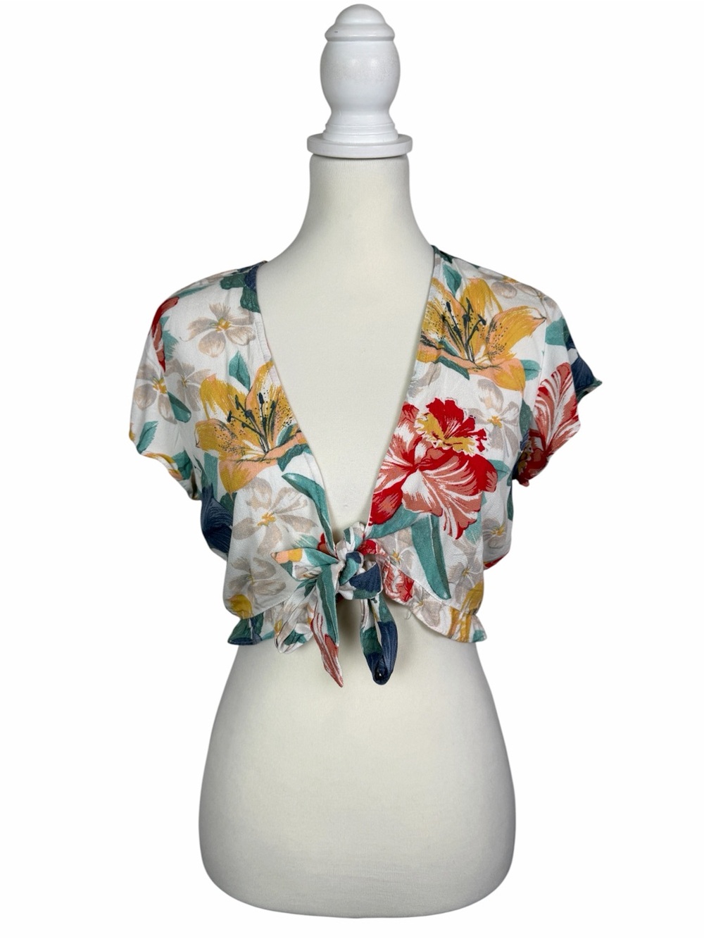 O’Neill Floral Tie Front Crop Top Boho Beach Tropical V Neck Short Sleeve Size S